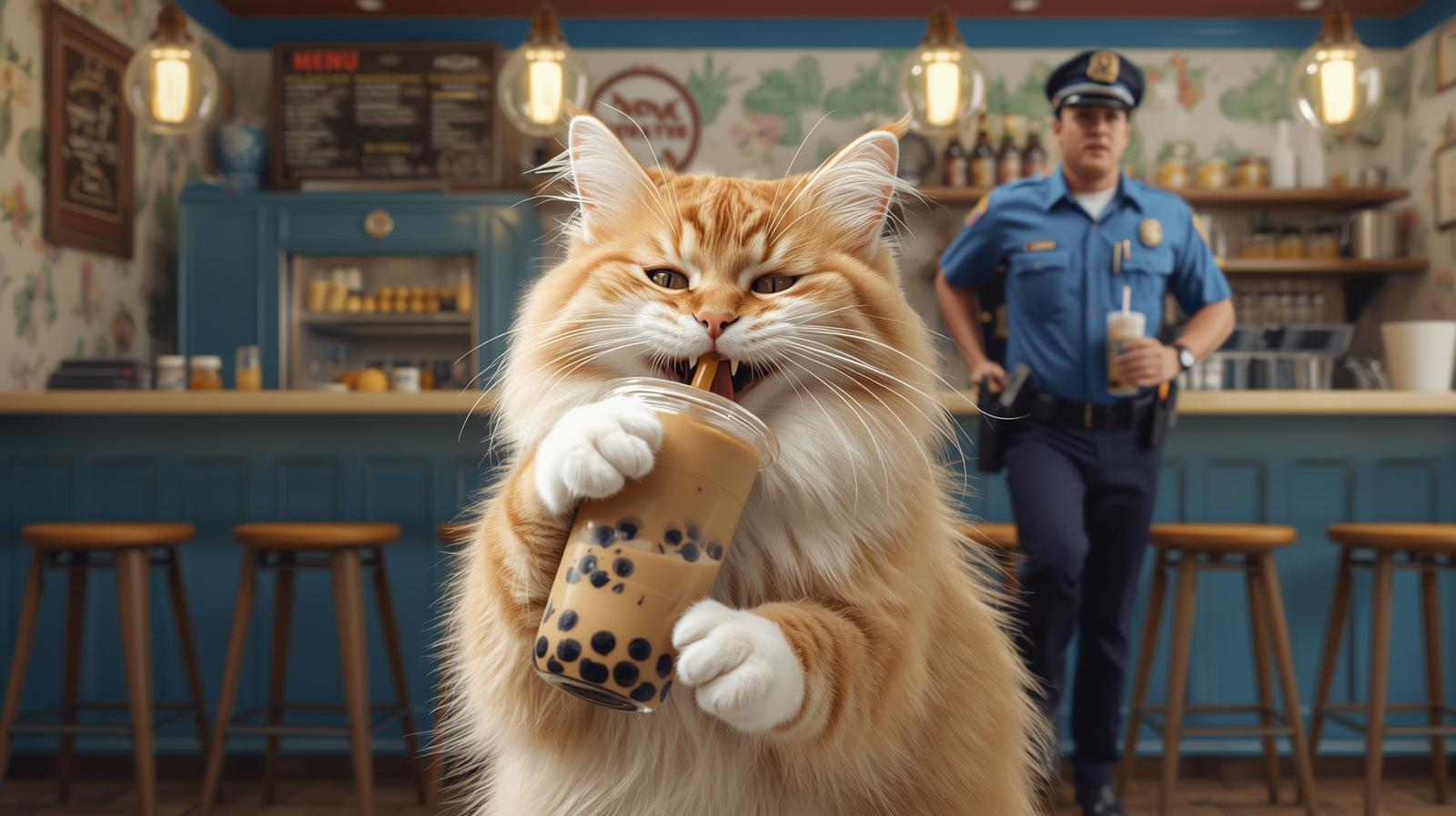 a photorealistic cat in a cafe running from a police officer in blue uniform. Cat is furry and happy, orange colored with white stripes, paws, and chest. Cat is sipping tan colored boba tea with black boba. In the background, there is a bar with menu on the wall, with high wooden stools, ceiling hanging milk bar lights, and some condiments on the counter. Setting is in a cafe with boba tea. Focus on the cat and the police officer in background running towards cat.